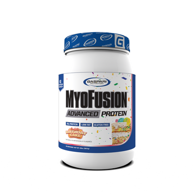 MyoFusion Advanced Protein - Birthday Cake flavor, a delicious protein blend with 25g of protein per serving.