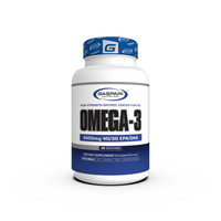Gaspari Nutrition Omega-3 supplement bottle showcasing high strength enteric coated fish oil with 2400mg per serving. Clear labeling and modern design highlight product benefits.