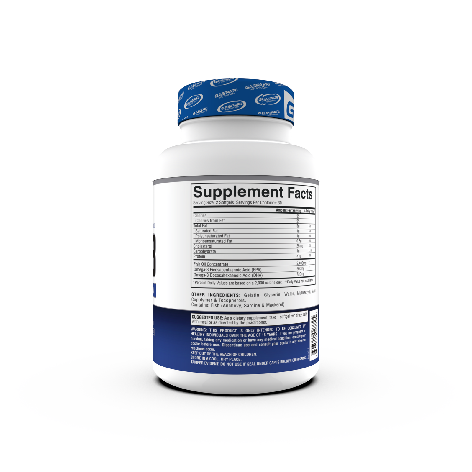 Gaspari Nutrition Omega-3 supplement bottle showcasing high strength enteric coated fish oil with 2400mg per serving. Clear labeling and modern design highlight product benefits.