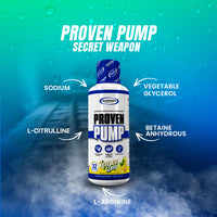 Image highlighting Proven Pump's key ingredients including sodium, vegetable glycerol, L-Citrulline, and L-Arginine with a vibrant background.