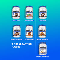 Graphic display of the different flavors of Gaspari Nutrition Proven Egg 100% Egg White Protein including Fruity Cereal, Chocolate, and others.