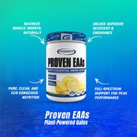 Gaspari Nutrition PROVEN EAAs™ with 9 Essential Amino Acids, promoting muscle growth and recovery, with a vibrant background and key benefits highlighted.