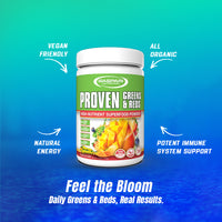Image showcasing Gaspari Nutrition Proven Greens & Reds, highlighting its vegan friendly and all organic properties for a healthy lifestyle.