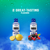 Display of two bottles of Proven Pump in lemon and mixed berry flavors, portraying a vibrant presentation with fresh fruit elements.