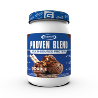 Proven Blend triple protein blend protein powder in double chocolate flavor, featuring 24g of protein per scoop.