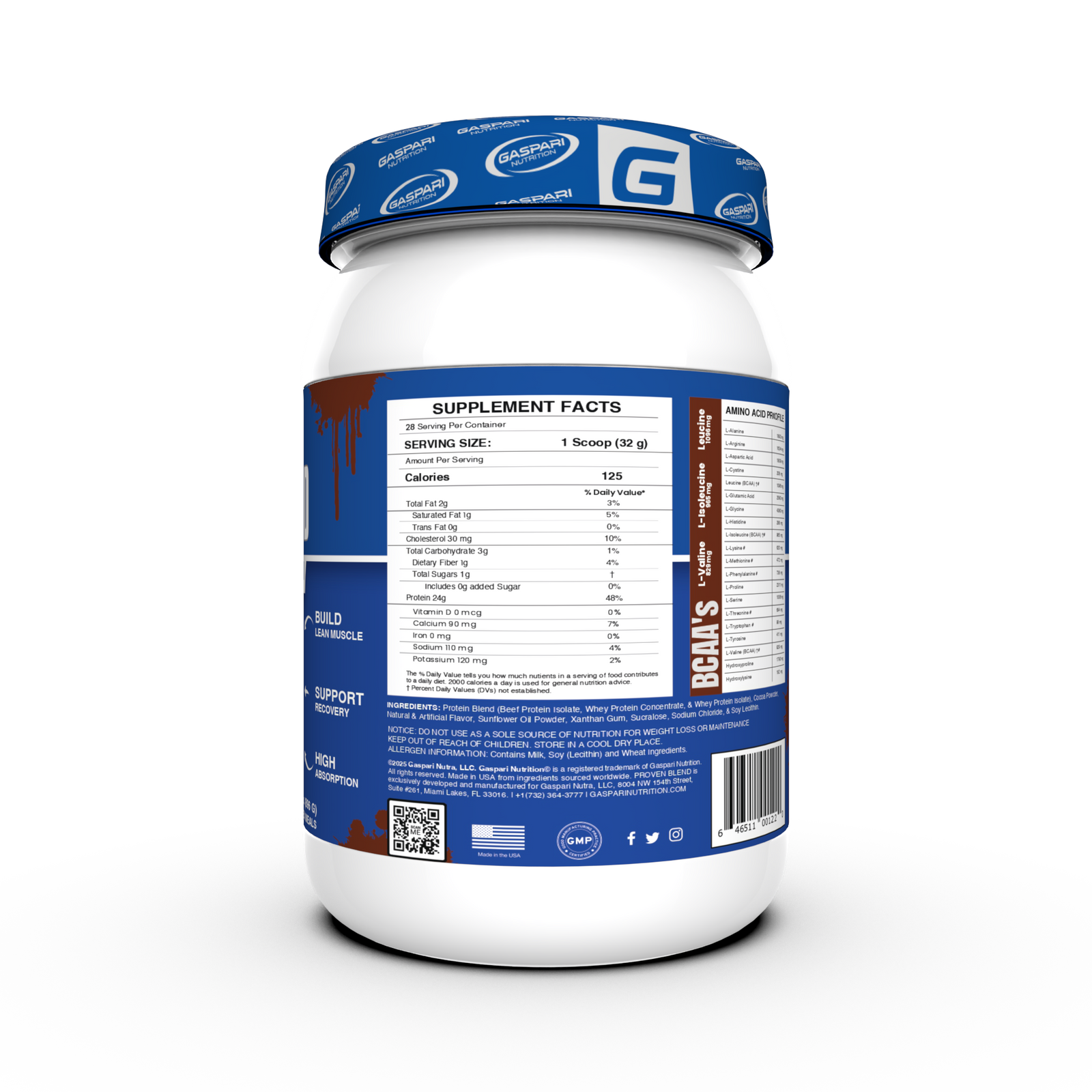 Back of Proven Blend triple protein blend packaging highlighting the supplement facts and benefits.
