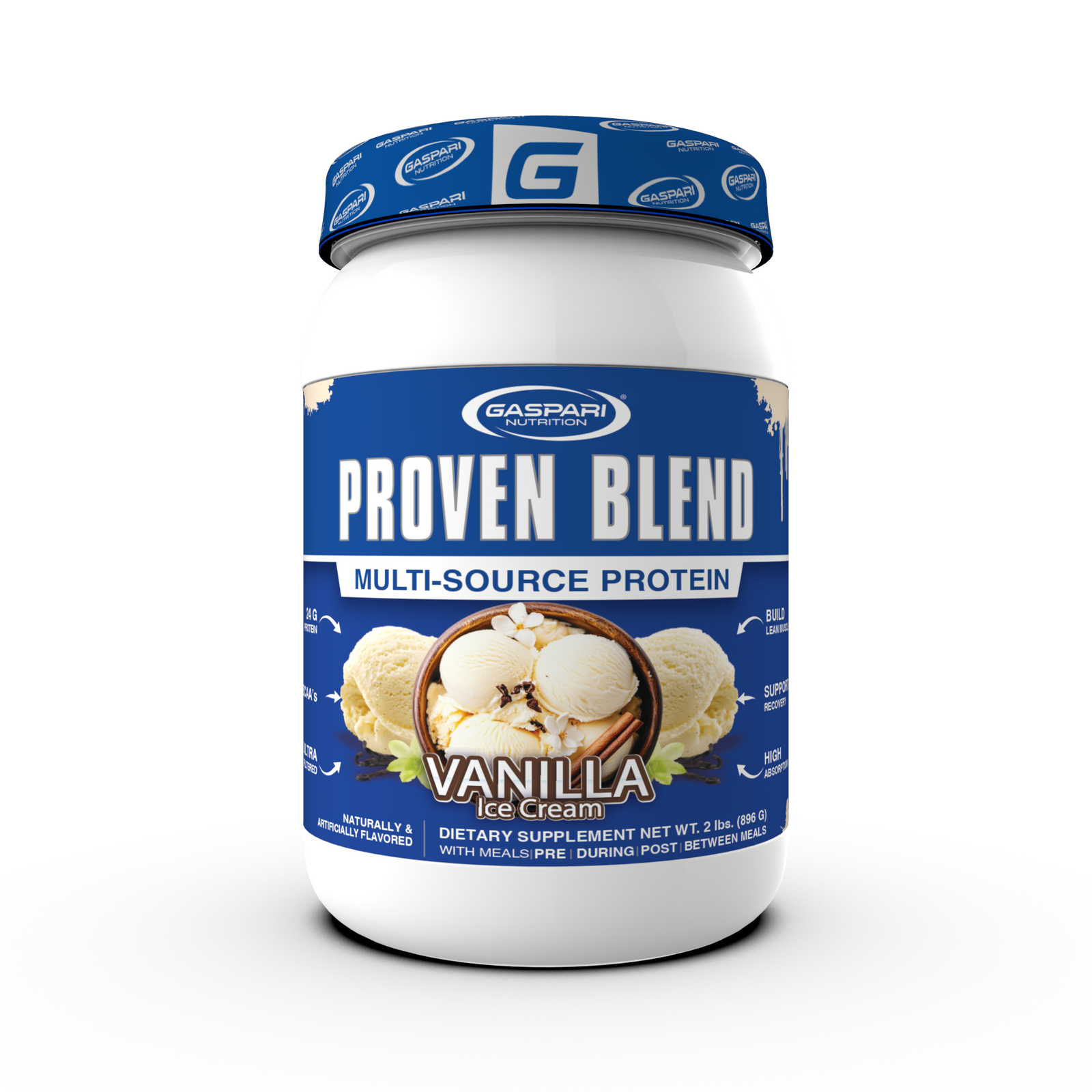 Proven Blend triple protein blend protein powder in vanilla ice cream flavor, packed with 24g of protein per scoop.