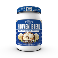 Proven Blend triple protein blend protein powder in vanilla ice cream flavor, packed with 24g of protein per scoop.