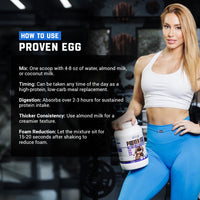 Image demonstrating how to use Proven Egg with a model showcasing the product and instructions on preparation.