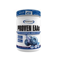 Gaspari Nutrition PROVEN EAAs™ with 9 Essential Amino Acids in Blueberry Acai flavor, displaying important nutritional benefits and supplement info.