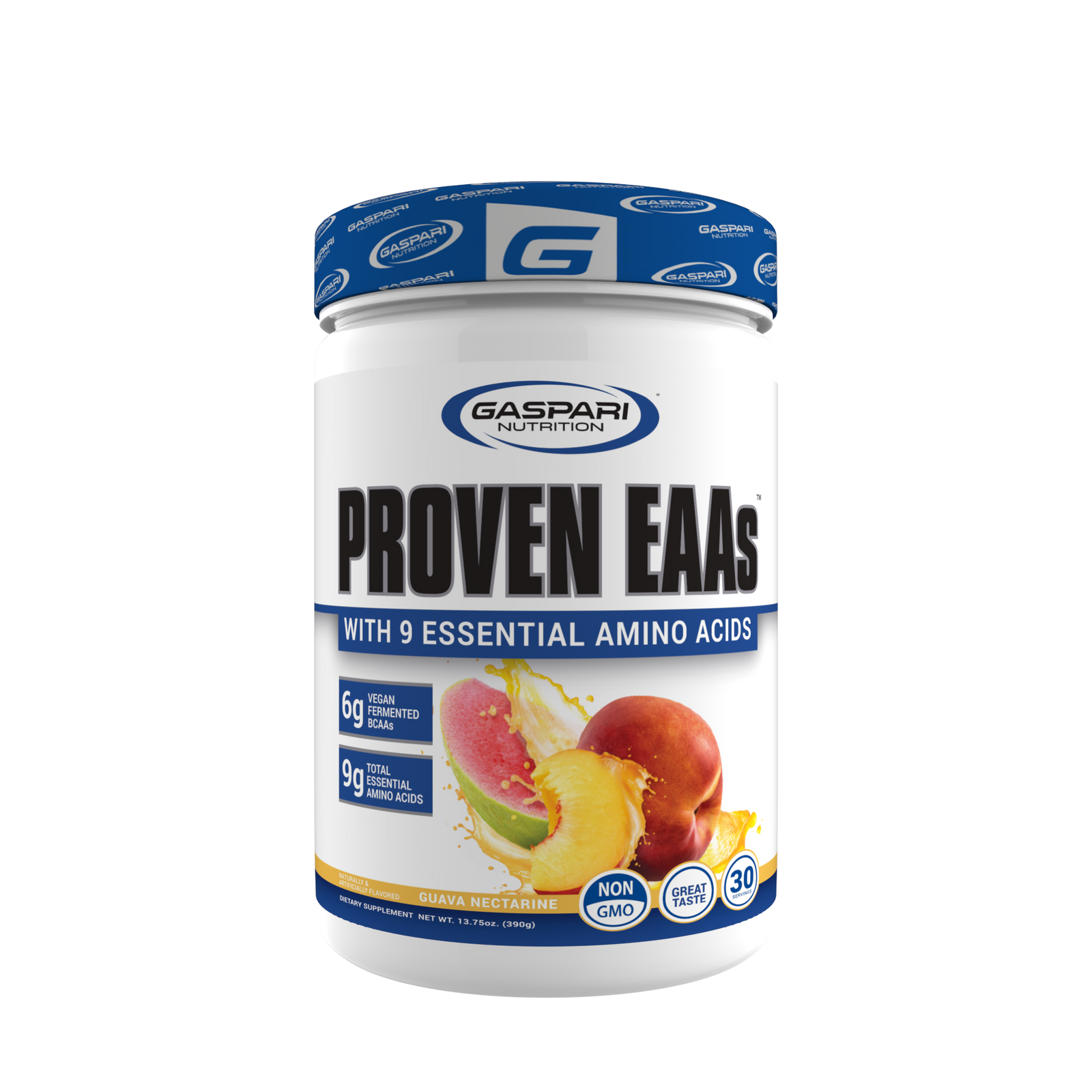 Gaspari Nutrition PROVEN EAAs™ with 9 Essential Amino Acids in Guava Nectarine flavor, highlighting the vegan formulation and amino acid content.