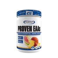 Gaspari Nutrition PROVEN EAAs™ with 9 Essential Amino Acids in Guava Nectarine flavor, highlighting the vegan formulation and amino acid content.