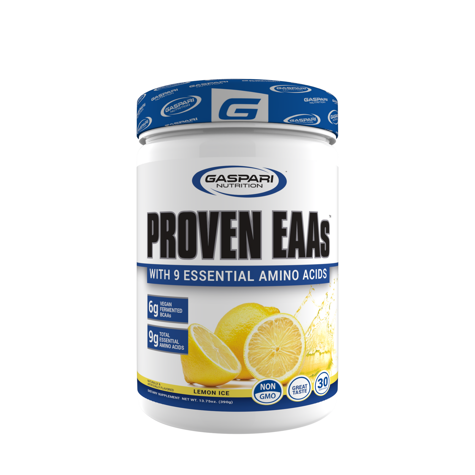 Gaspari Nutrition PROVEN EAAs™ with 9 Essential Amino Acids in Lemon Ice flavor, featuring 6g vegan fermented BCAAs and 9g total amino acids.
