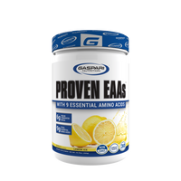 Gaspari Nutrition PROVEN EAAs™ with 9 Essential Amino Acids in Lemon Ice flavor, featuring 6g vegan fermented BCAAs and 9g total amino acids.