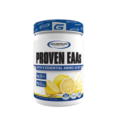 Gaspari Nutrition PROVEN EAAs™ with 9 Essential Amino Acids in Lemon Ice flavor, featuring 6g vegan fermented BCAAs and 9g total amino acids.