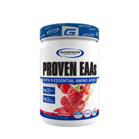 Gaspari Nutrition PROVEN EAAs™ with 9 Essential Amino Acids in Raspberry flavor, featuring a focus on muscle support and great taste.