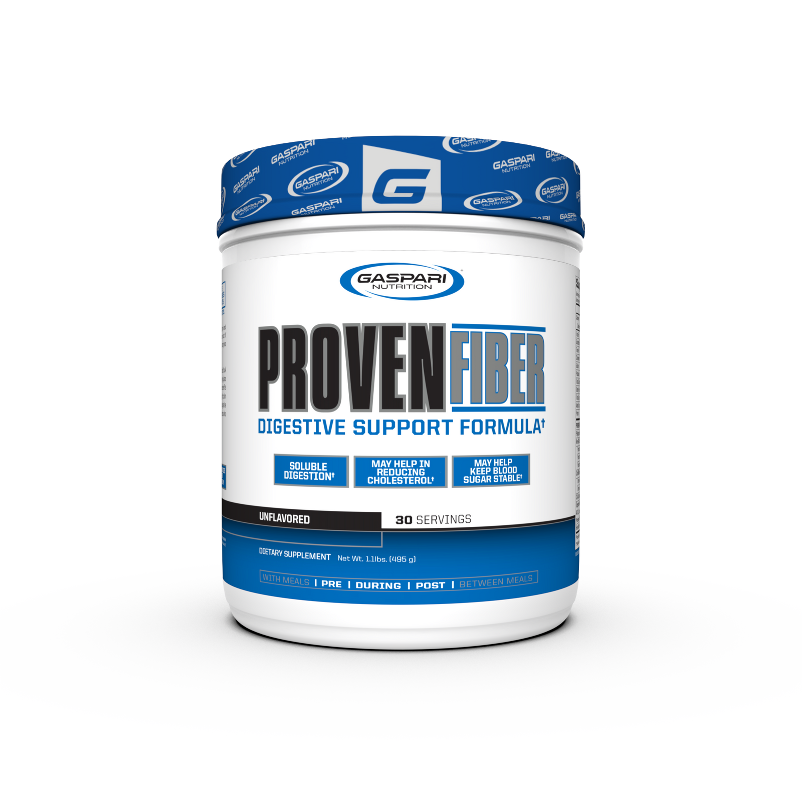 Gaspari Nutrition Proven Fiber Digestive Support container showcasing the product's unflavored formula, ideal for digestive health.