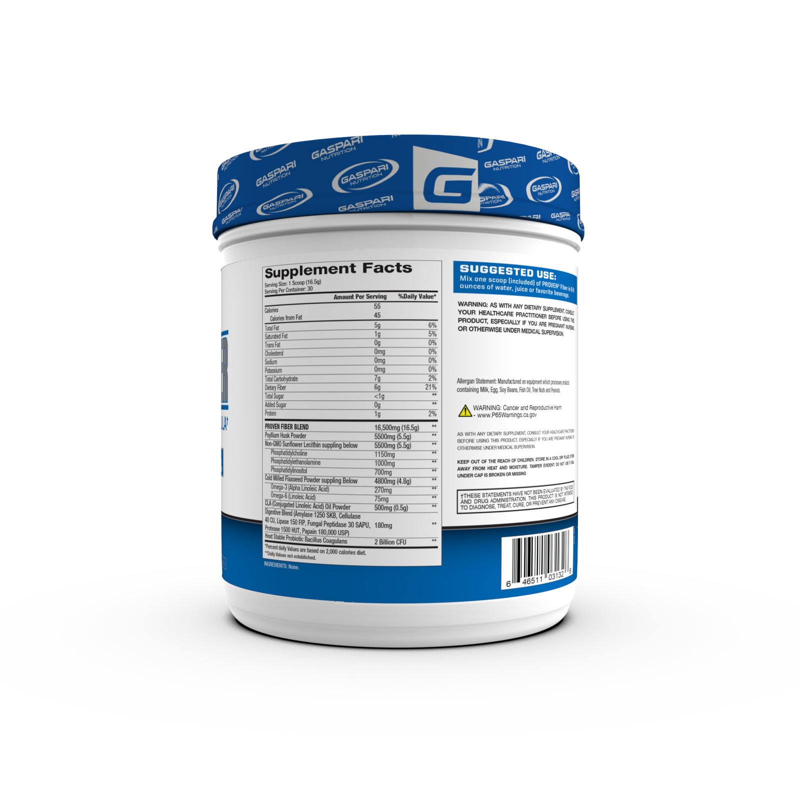 Back view of Gaspari Nutrition Proven Fiber Digestive Support highlighting the supplement facts and ingredients for effective digestion.