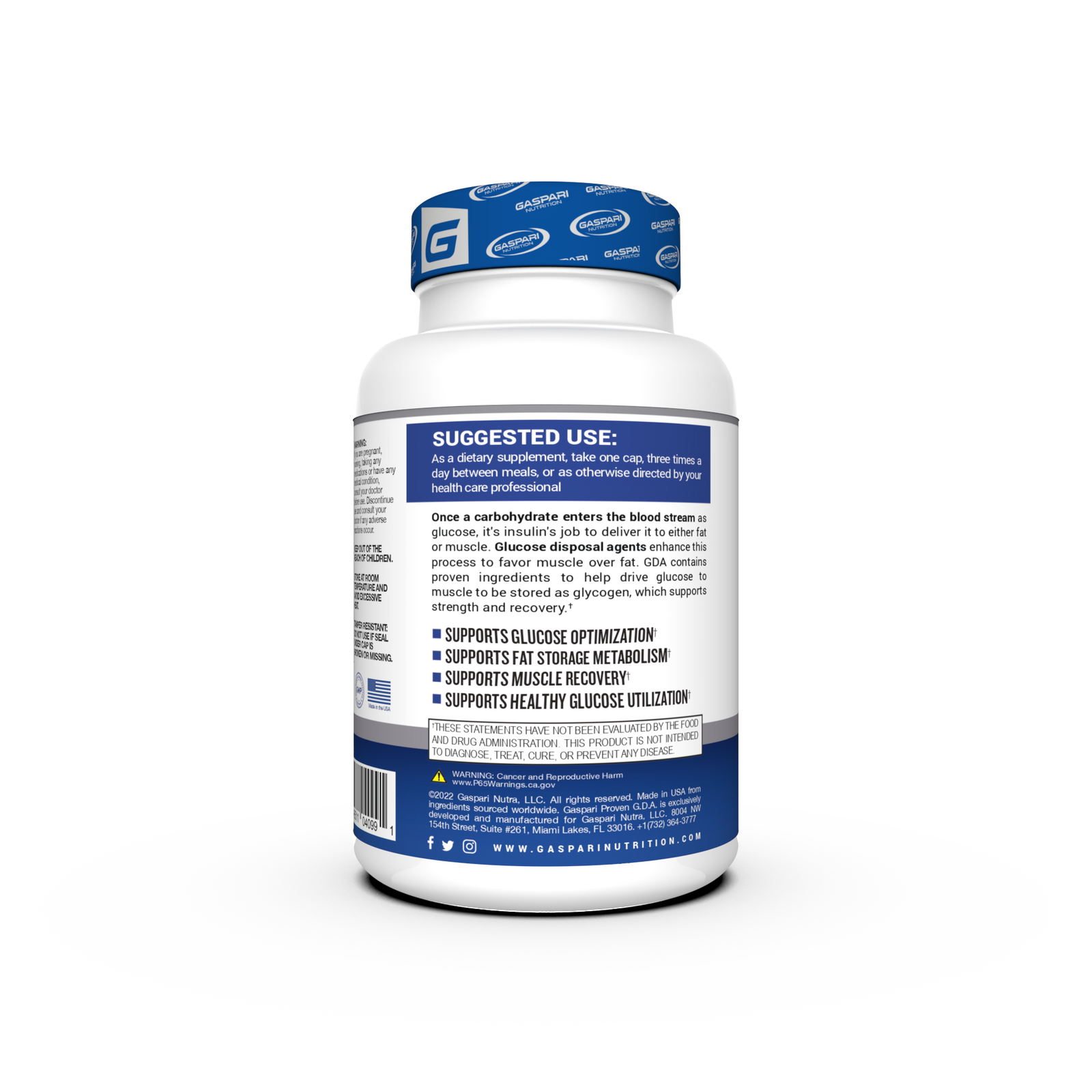 Side view of Proven GDA - Glucose Disposal Agent supplement with instructions on how to use, emphasizing its dietary benefits.