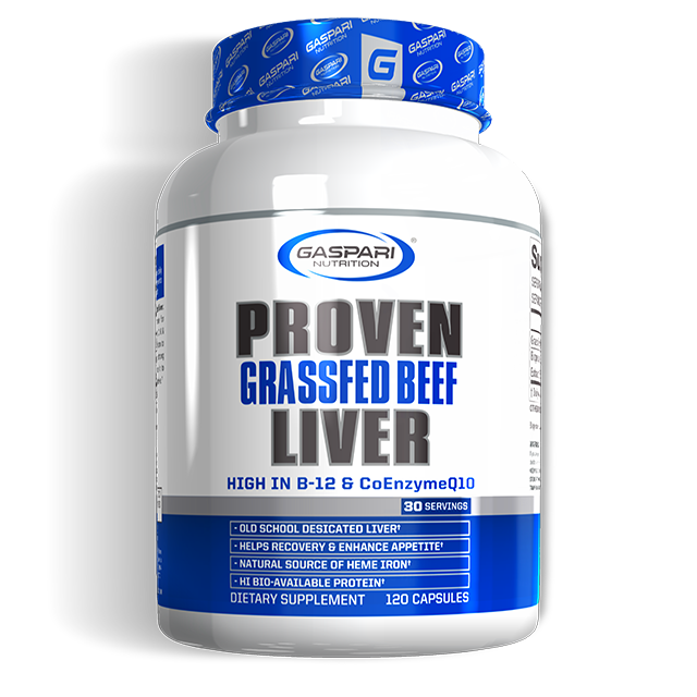 Gaspari Nutrition Proven Grassfed Beef Liver supplement bottle, featuring bold text highlighting its benefits such as high B-12 and CoEnzyme Q10. The design includes vibrant blue and white colors, indicating it's a dietary supplement with 120 capsules and 30 servings.