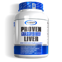 Gaspari Nutrition Proven Grassfed Beef Liver supplement bottle, featuring bold text highlighting its benefits such as high B-12 and CoEnzyme Q10. The design includes vibrant blue and white colors, indicating it's a dietary supplement with 120 capsules and 30 servings.