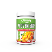 Gaspari Nutrition Proven Greens & Reds superfood powder in Mango Splash flavor, packed with nutrients for natural energy and immune support.
