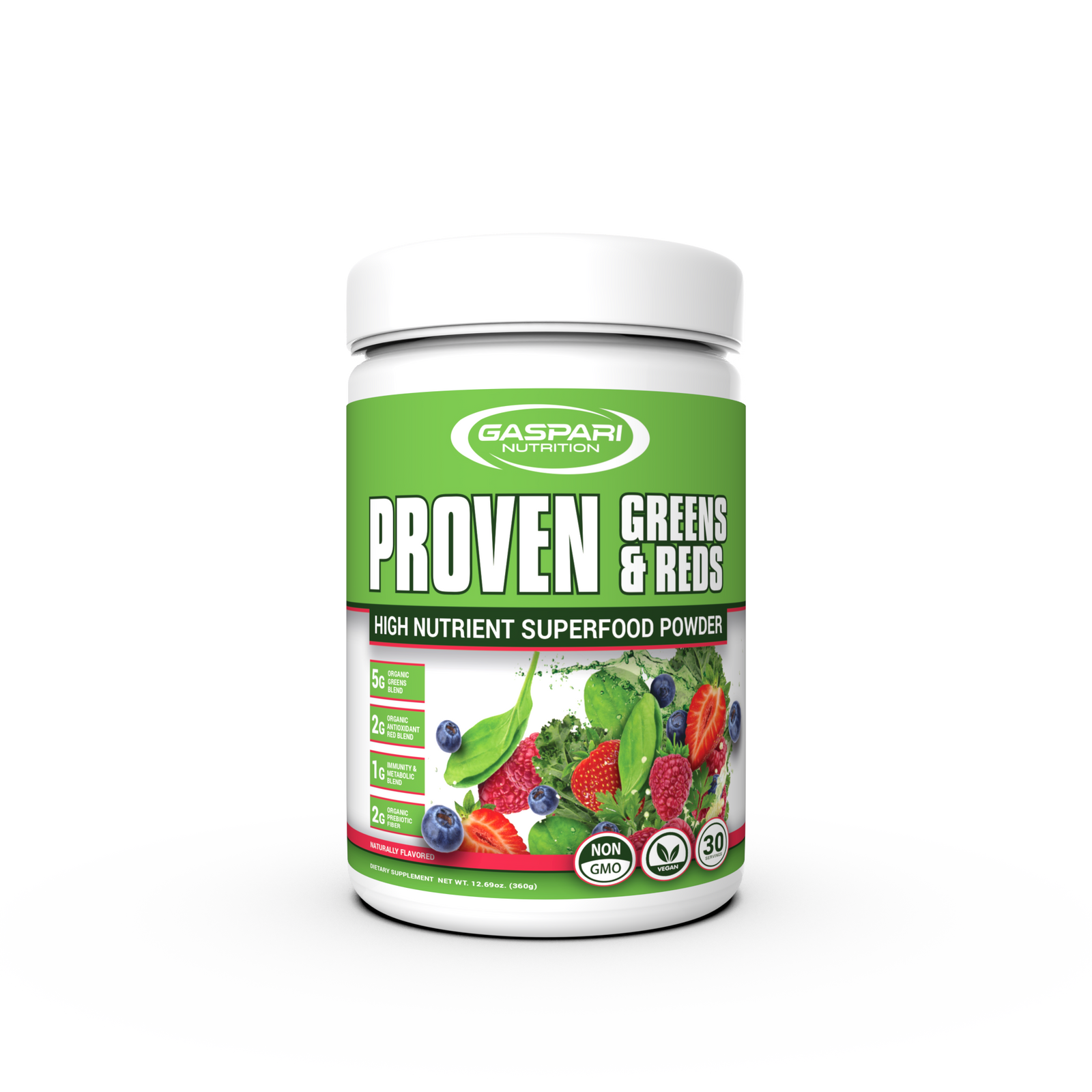 Gaspari Nutrition Proven Greens & Reds superfood powder in mixed berry flavor, promoting health with organic ingredients and probiotics.