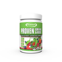 Gaspari Nutrition Proven Greens & Reds superfood powder in mixed berry flavor, promoting health with organic ingredients and probiotics.