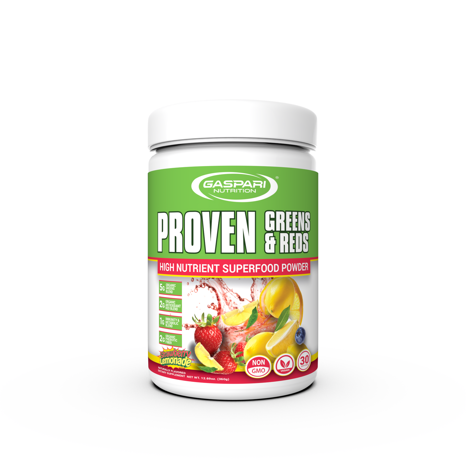Gaspari Nutrition Proven Greens & Reds superfood powder jar in strawberry lemonade flavor, emphasizing its health benefits and nutrient content.