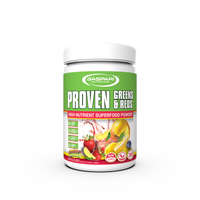 Gaspari Nutrition Proven Greens & Reds superfood powder jar in strawberry lemonade flavor, emphasizing its health benefits and nutrient content.