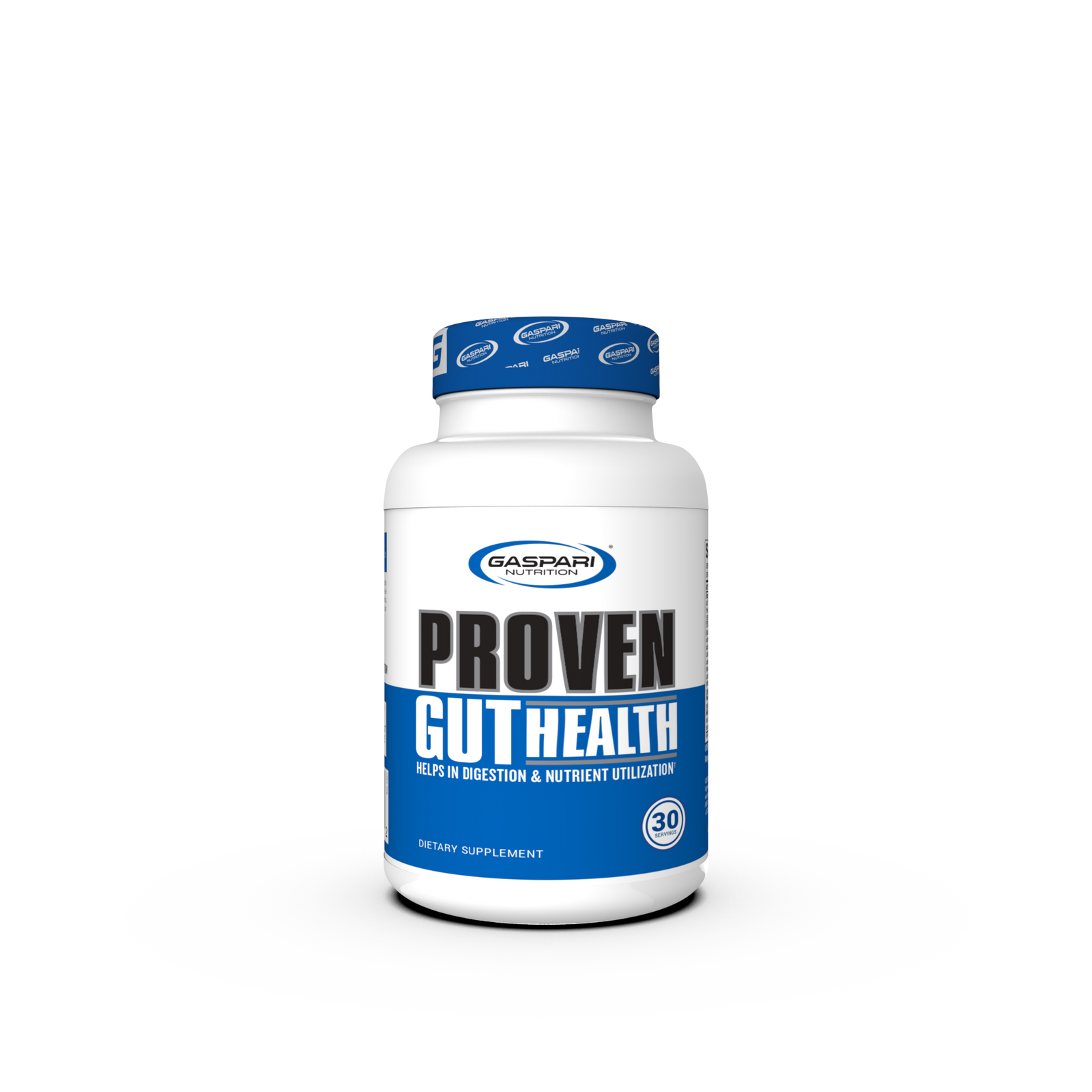 Gaspari Nutrition Proven Gut Health dietary supplement bottle with a white background, showcasing the product's label and logo.