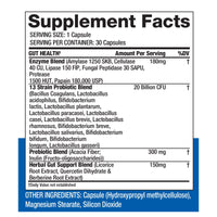 Supplement facts label for Gaspari Nutrition Proven Gut Health, detailing enzyme blend, probiotic blend, prebiotic blend, and herbal gut support ingredients.