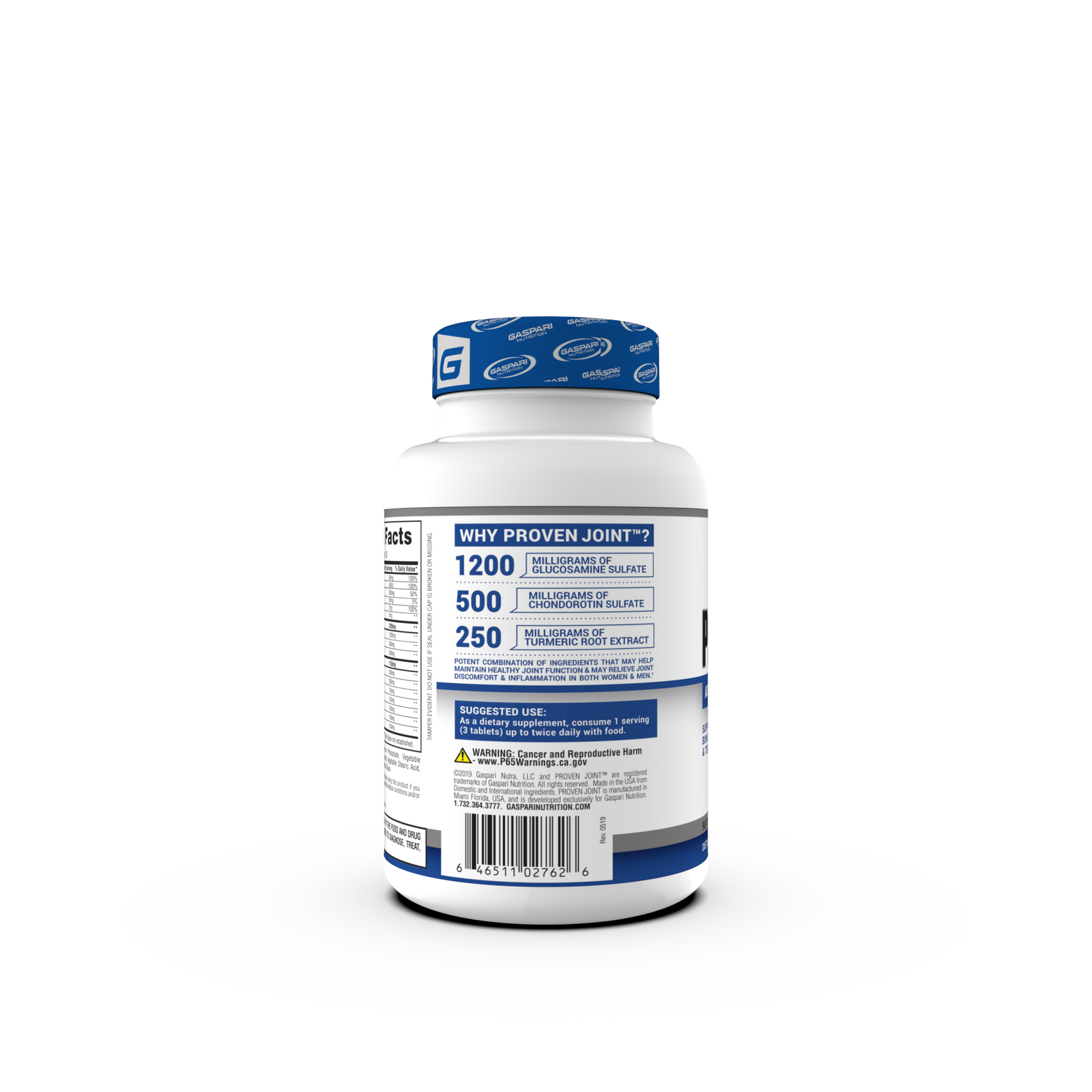 Side view of Gaspari Nutrition PROVEN JOINT supplement bottle highlighting key ingredients and their dosages such as glucosamine and turmeric.
