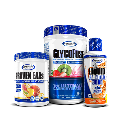 Proven Precision TacStack products including Proven EAAs, GlycoFuse, and Liquid L-Carnitine 3000 arranged in a dynamic stacked display.
