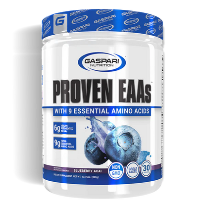 Proven EAAs supplement in blueberry acai flavor showcasing the packaging with benefits prominently featured.