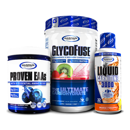 Proven EAAs supplement container in two flavors: blueberry acai and strawberry kiwi, presented side by side.