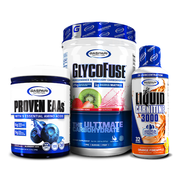 Proven EAAs supplement container in two flavors: blueberry acai and strawberry kiwi, presented side by side.