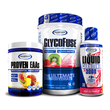 Stack of three Gaspari Nutrition products including Proven EAAs in lemon ice, GlycoFuse in strawberry kiwi, and Liquid L-Carnitine 3000 in blue raspberry.