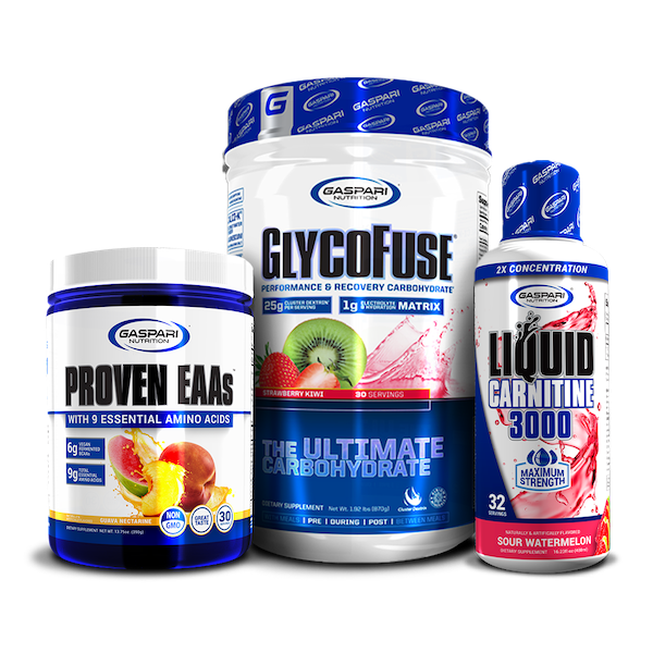 Stack of three Gaspari Nutrition products including Proven EAAs in lemon ice, GlycoFuse in strawberry kiwi, and Liquid L-Carnitine 3000 in blue raspberry.