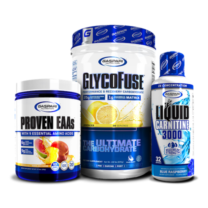 Combination of Proven EAAs in lemon ice, GlycoFuse in strawberry kiwi, and Liquid L-Carnitine 3000 in orange pineapple flavor, emphasizing energy and recovery.