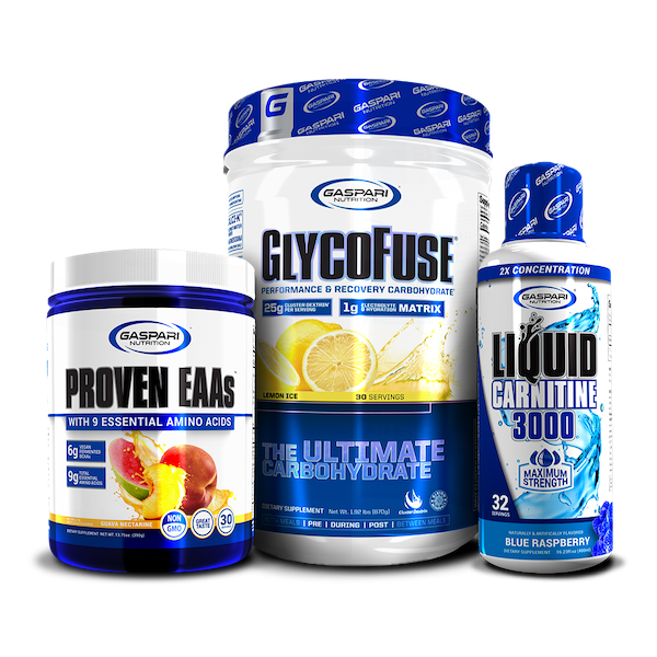 Combination of Proven EAAs in lemon ice, GlycoFuse in strawberry kiwi, and Liquid L-Carnitine 3000 in orange pineapple flavor, emphasizing energy and recovery.