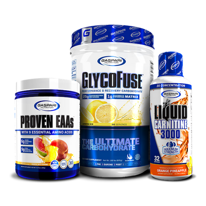 Triad of supplements featuring Proven EAAs and GlycoFuse paired with Liquid L-Carnitine 3000 in sour watermelon flavor.