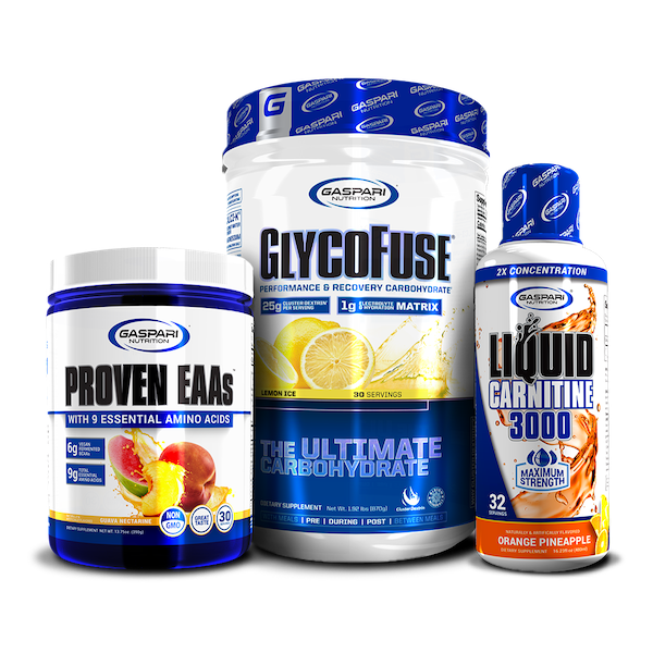 Triad of supplements featuring Proven EAAs and GlycoFuse paired with Liquid L-Carnitine 3000 in sour watermelon flavor.
