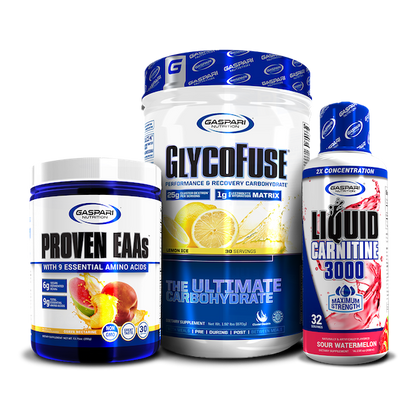 Proven EAAs, GlycoFuse, and Liquid L-Carnitine 3000 showcased together in a colorful display, emphasizing flavor varieties.