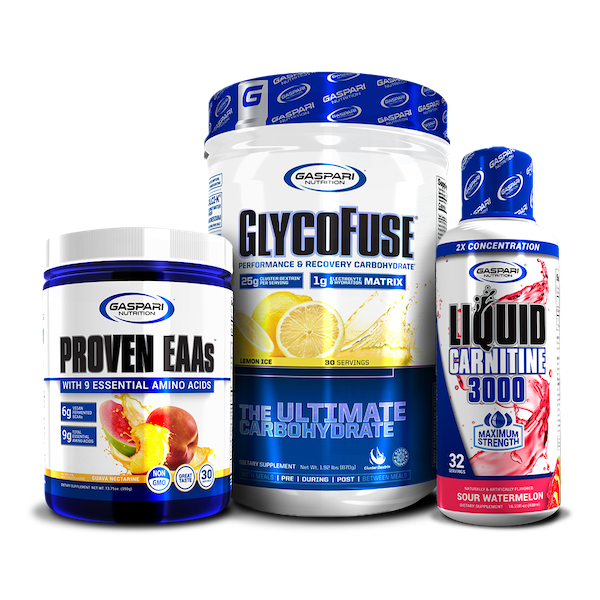 Proven EAAs, GlycoFuse, and Liquid L-Carnitine 3000 showcased together in a colorful display, emphasizing flavor varieties.