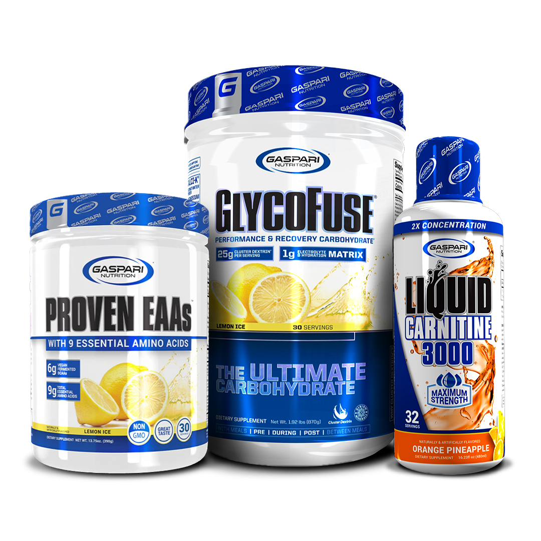 Stylish presentation of Proven EAAs, GlycoFuse, and Liquid L-Carnitine featuring lemon ice, strawberry kiwi, and blue raspberry flavors.