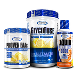 Stylish presentation of Proven EAAs, GlycoFuse, and Liquid L-Carnitine featuring lemon ice, strawberry kiwi, and blue raspberry flavors.