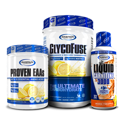 Stylish presentation of Proven EAAs, GlycoFuse, and Liquid L-Carnitine featuring lemon ice, strawberry kiwi, and blue raspberry flavors.