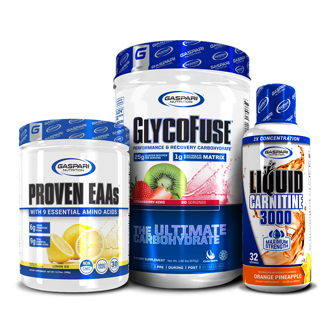 Proven EAAs, GlycoFuse, and Liquid L-Carnitine 3000 in vibrant colors showcasing various flavors.