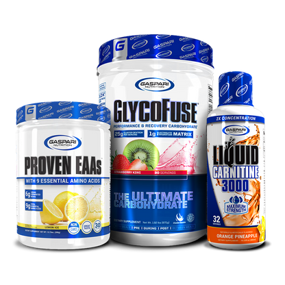 Proven EAAs, GlycoFuse, and Liquid L-Carnitine 3000 in vibrant colors showcasing various flavors.